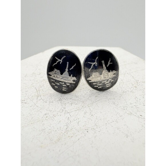Rare Vintage Siam Sterling Silver Cufflinks Temple Seagulls Mosaic Aesthetic - Picture 1 of 6